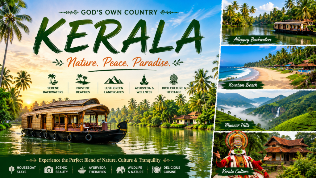 Kerala backwaters with traditional houseboat, palm trees, beaches, tea plantations, and scenic landscapes
