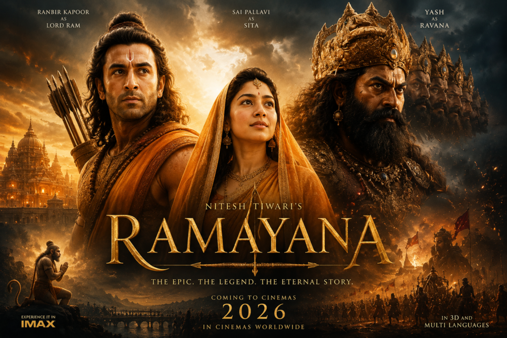Ramayana 2026 movie poster featuring Lord Rama, Sita, Ravana, epic battle scenes, and mythological storytelling