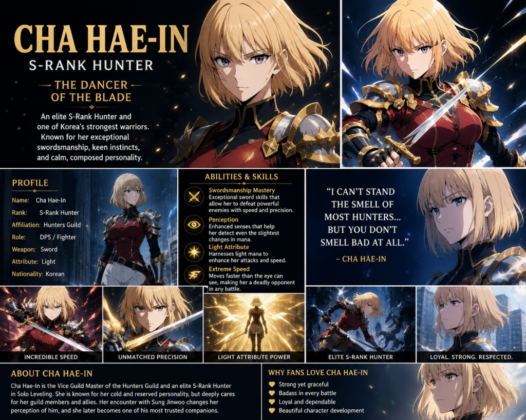 Cha Hae-In from Solo Leveling Anime holding her sword and preparing for battle as an elite S-Rank Hunter