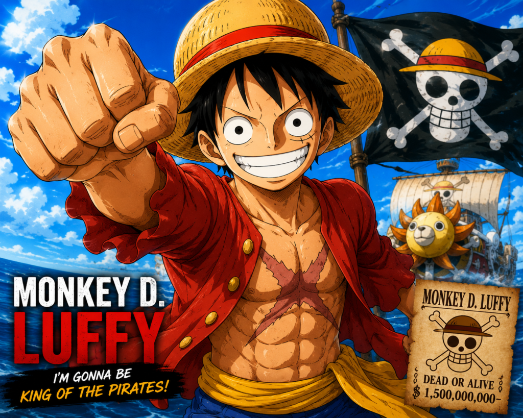 Monkey D. Luffy from One Piece Anime wearing his straw hat and smiling confidently on a pirate adventure