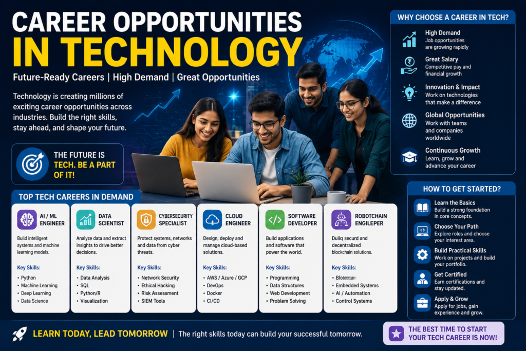 Students and professionals exploring career opportunities in technology including AI, cybersecurity, cloud computing, data science, and software development