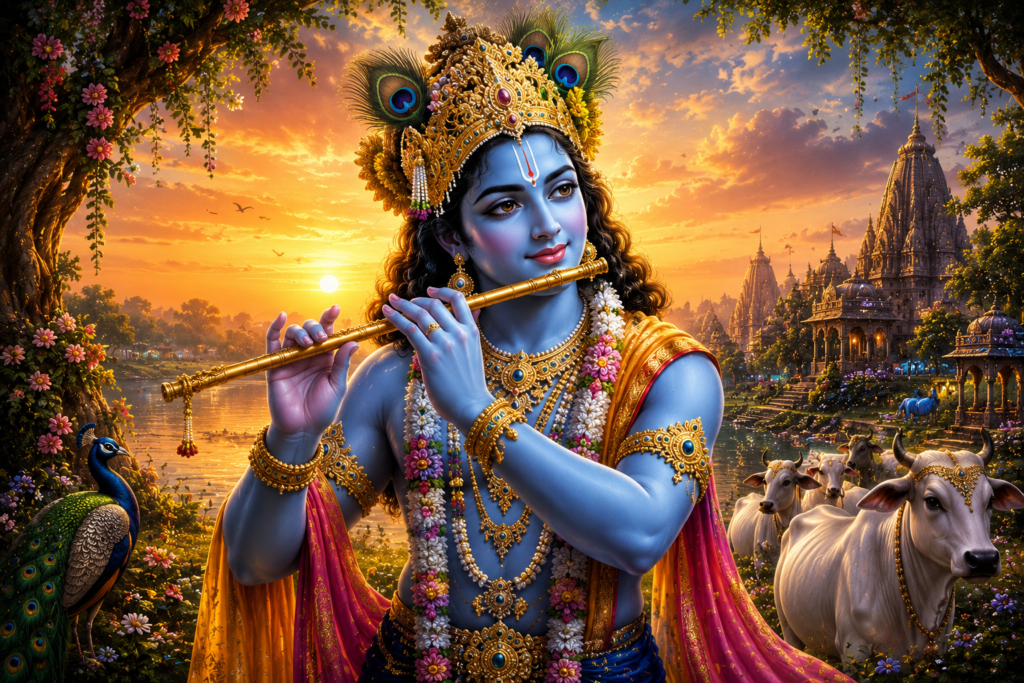 Lord Krishna playing the flute with a divine aura and peacock feather.
