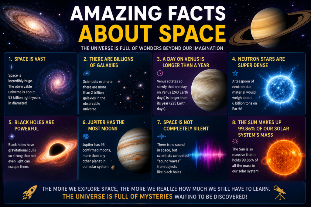 Space infographic featuring galaxies, planets, black holes, neutron stars, Jupiter, Venus, and fascinating facts about space