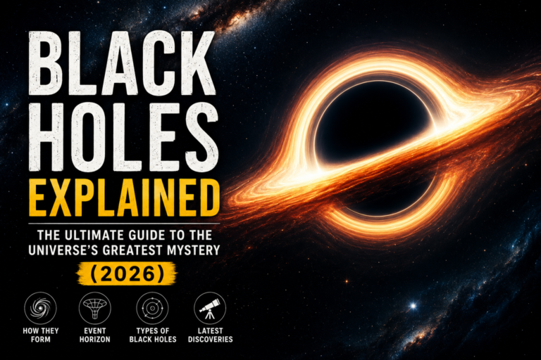 Featured image of a glowing black hole with a bright accretion disk in space, illustrating the ultimate guide to black holes, event horizons, and the mysteries of the universe. Black Holes Explained