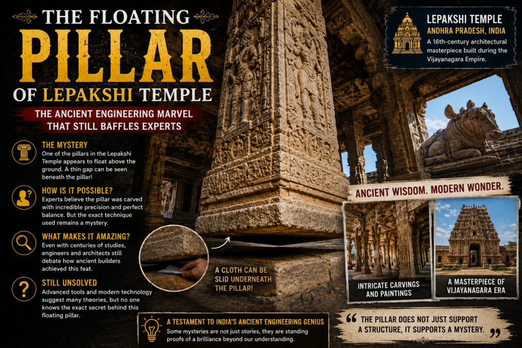 The floating pillar inside Lepakshi Temple in Andhra Pradesh, one of the most famous architectural mysteries in India.