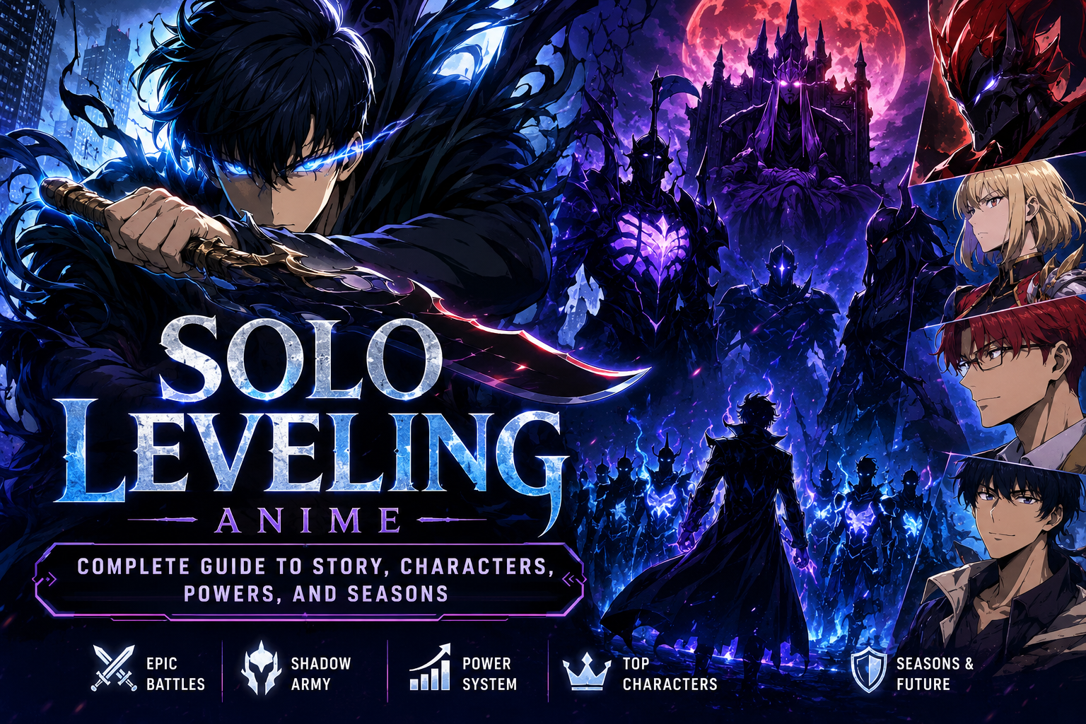 Solo Leveling Anime featuring Sung Jinwoo, the Shadow Army, powerful hunters, and epic battles
