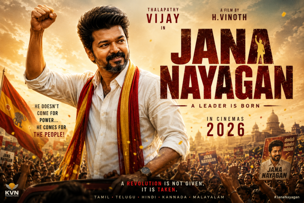 Jana Nayagan 2026 movie poster featuring Vijay, political action drama theme, cheering crowd, and leadership imagery