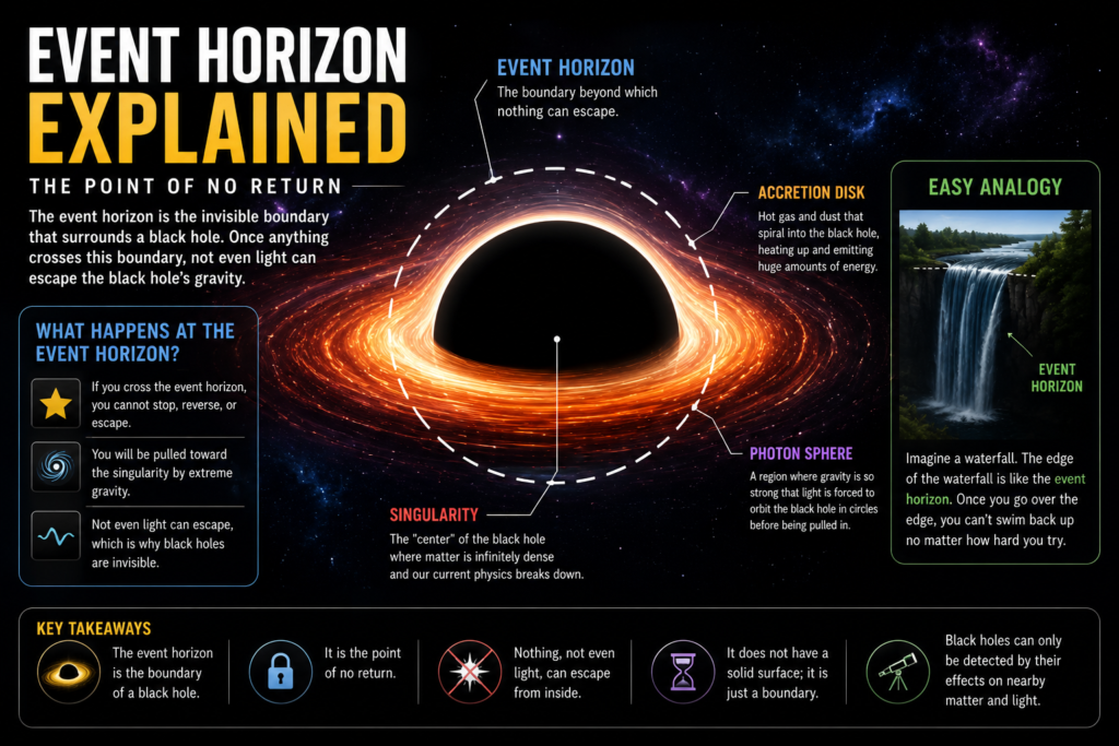 Infographic explaining the event horizon, the point of no return surrounding a black hole.