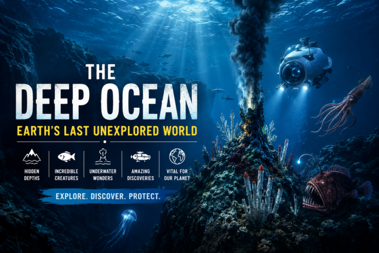 Deep Ocean featured image showing a research submersible, hydrothermal vent, giant squid, anglerfish, and mysterious deep-sea ecosystem beneath the ocean.