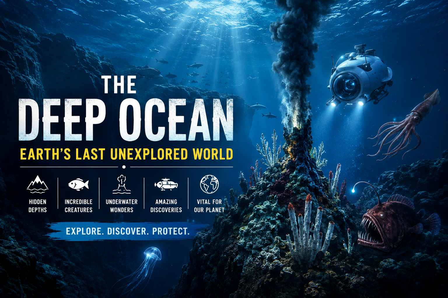 Deep Ocean featured image showing a research submersible, hydrothermal vent, giant squid, anglerfish, and mysterious deep-sea ecosystem beneath the ocean.