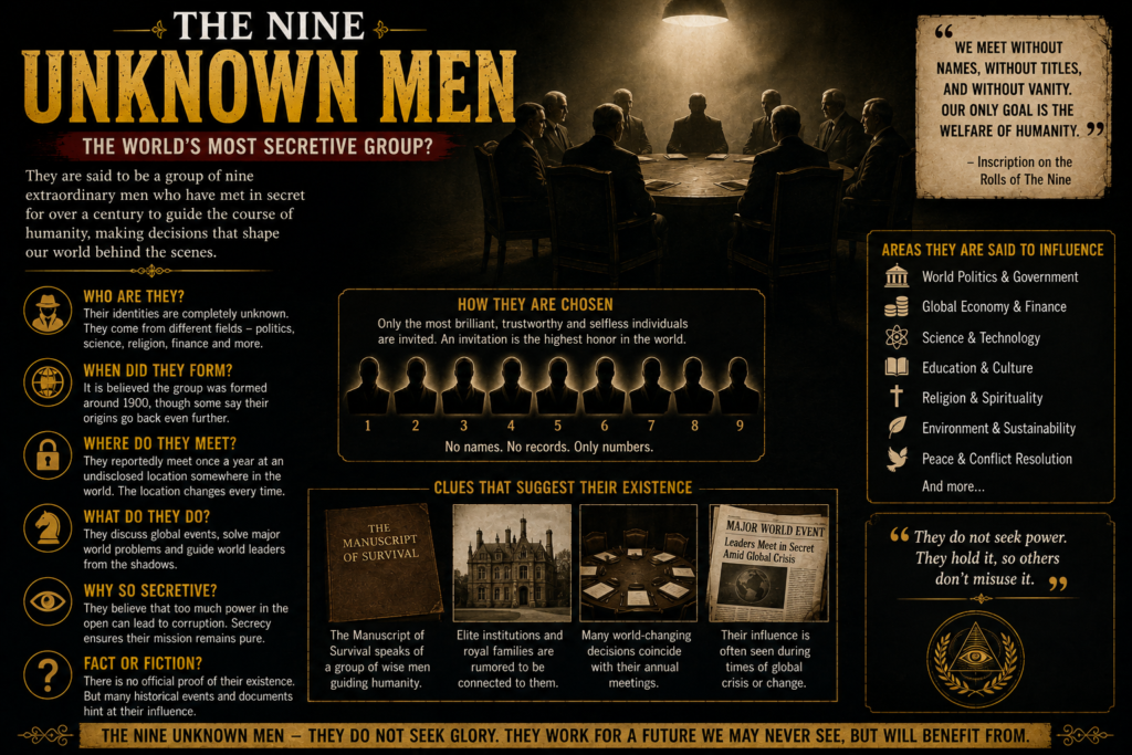Artistic depiction of the legendary Nine Unknown Men, a secret society associated with one of the most famous unsolved mysteries of India.