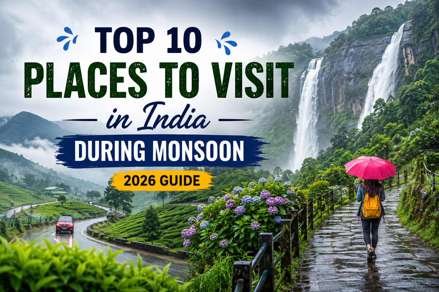 Top 10 Places to Visit in India During Monsoon featuring lush green hills, waterfalls, tea plantations, and scenic landscapes