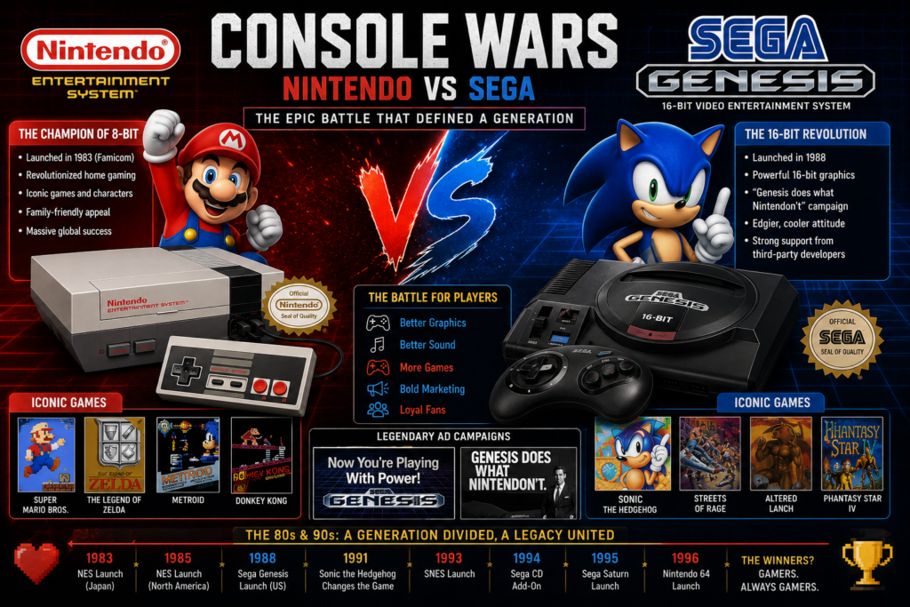 History of Video Games infographic comparing Nintendo and Sega during the famous Console Wars of the late 1980s and 1990s.