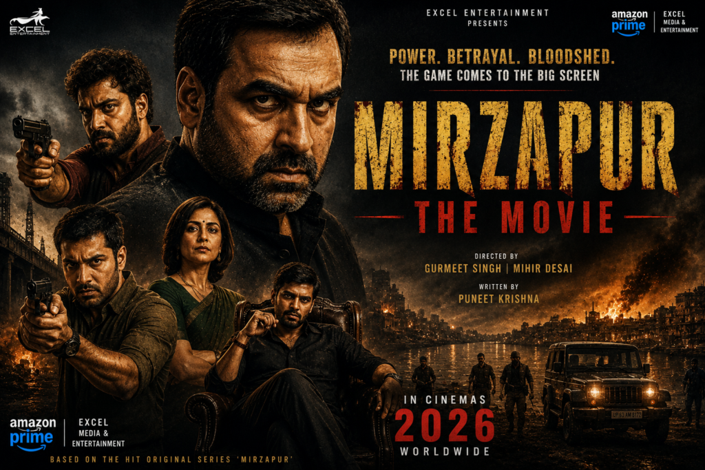Mirzapur The Movie 2026 poster featuring crime thriller action, gang rivalry, powerful characters, and cinematic visuals
