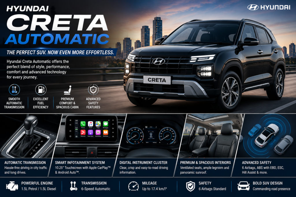 Hyundai Creta Automatic SUV featuring modern design, automatic transmission, premium interior, and advanced safety technology