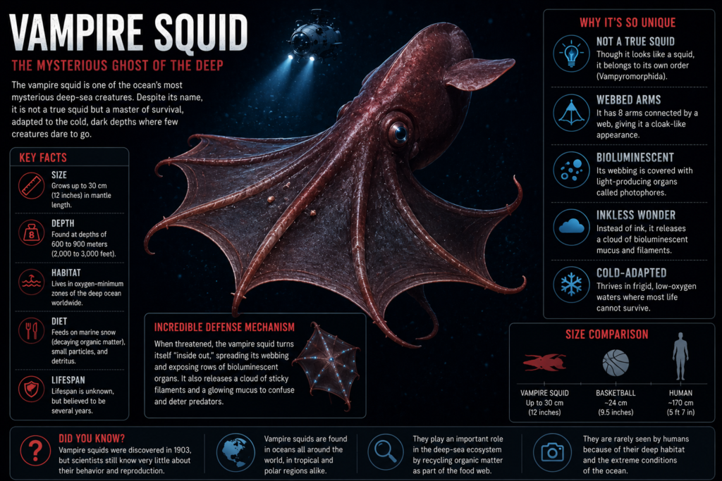 Vampire squid displaying its webbed arms and bioluminescent body in the deep sea.