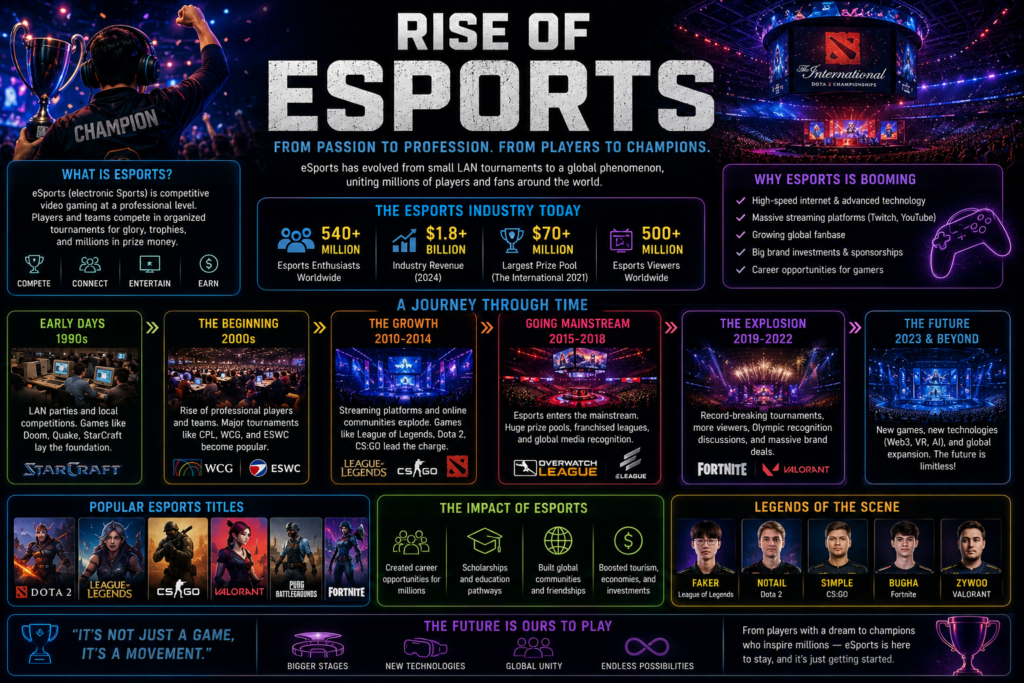 History of Video Games infographic explaining the rise of esports from local tournaments to global championships.