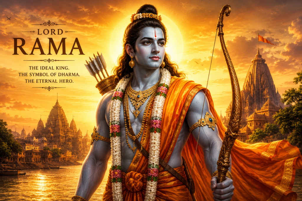 Lord Rama holding the divine bow with Ayodhya in the background.