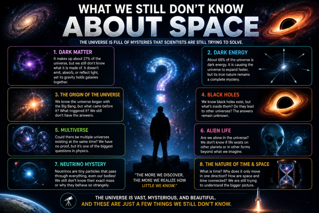 Space mysteries infographic featuring dark matter, black holes, alien life, dark energy, multiverse theory, and cosmic questions