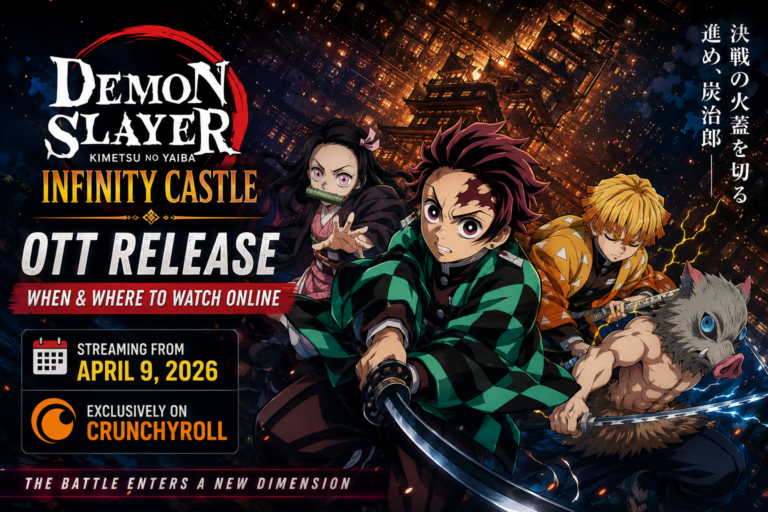 Demon Slayer Infinity Castle OTT Release featuring Tanjiro Kamado, Nezuko, Zenitsu, and Inosuke inside the Infinity Castle