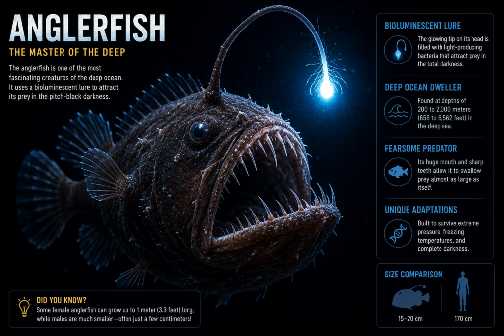 Anglerfish using its bioluminescent lure to hunt prey in the deep ocean.