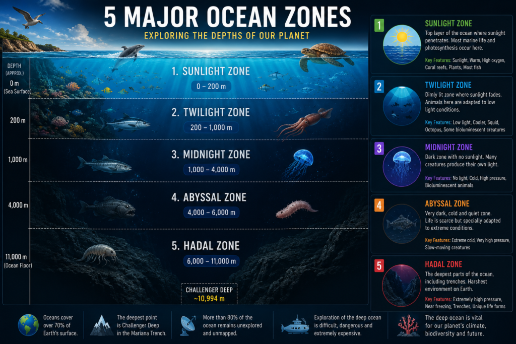 Infographic showing the five major ocean zones: Sunlight Zone, Twilight Zone, Midnight Zone, Abyssal Zone, and Hadal Zone with their depths and marine life.