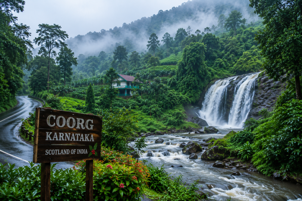 Coorg Karnataka during monsoon featuring coffee plantations, waterfalls, misty hills, and lush green forests