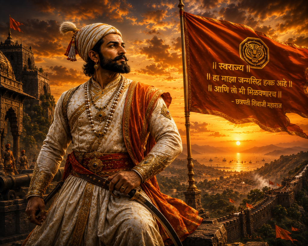 Chhatrapati Shivaji Maharaj standing in royal armor before Raigad Fort with a sword.