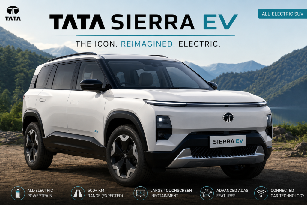 Tata Sierra EV 2026 electric SUV featuring futuristic design, long driving range, ADAS technology, and premium interior