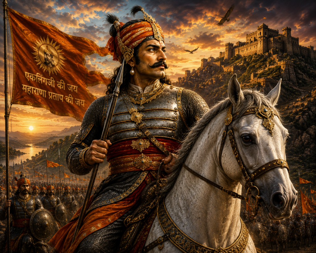 Maharana Pratap riding his horse Chetak with a spear during the Battle of Haldighati.