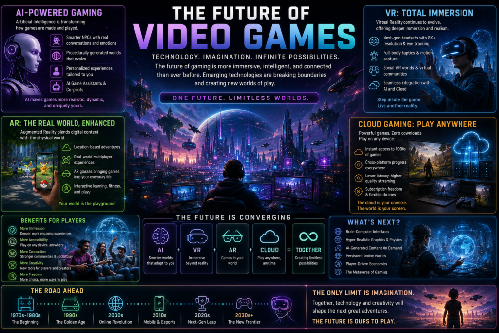 History of Video Games infographic showing the future of gaming with AI, VR, AR, cloud gaming, and next-generation technology.
