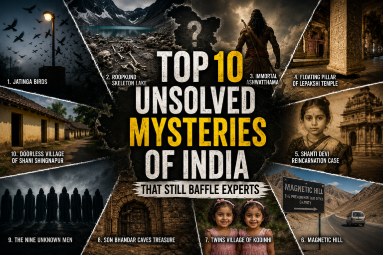Collage featuring India's top 10 unsolved mysteries of india including Jatinga Birds, Roopkund Skeleton Lake, Ashwatthama, Lepakshi Temple, Shanti Devi, Magnetic Hill, Kodinhi Twins Village, Son Bhandar Caves, Nine Unknown Men, and Shani Shingnapur.