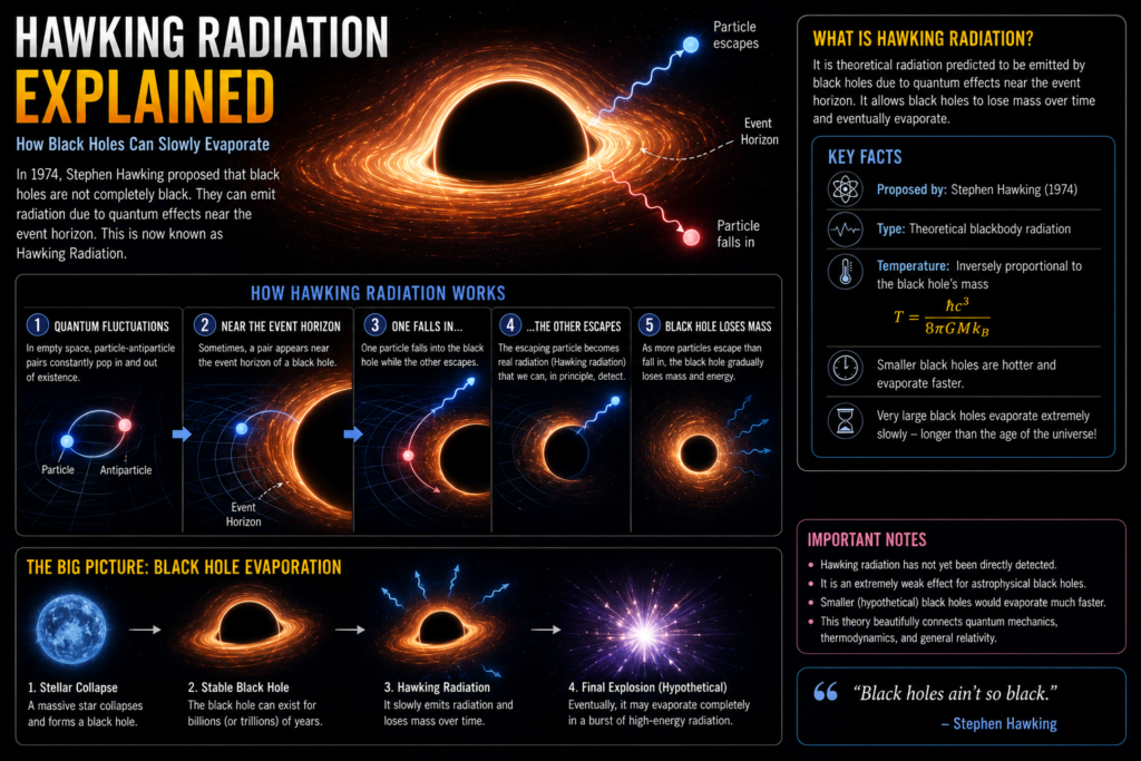 Infographic explaining Hawking Radiation and how black holes may slowly lose mass over time.