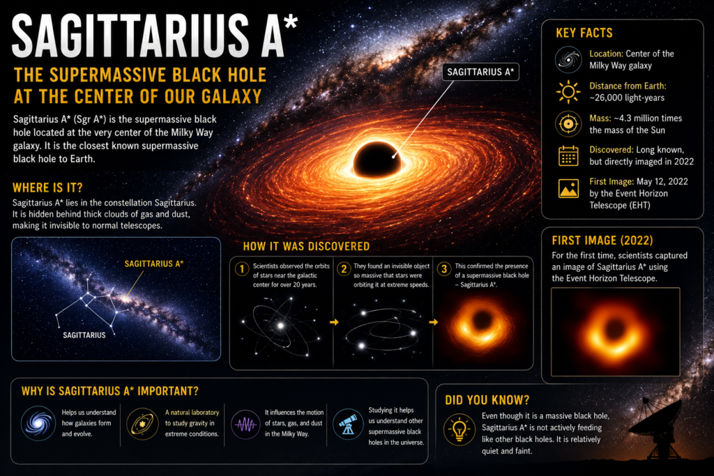 Infographic showing Sagittarius A*, the supermassive black hole at the center of the Milky Way galaxy.
