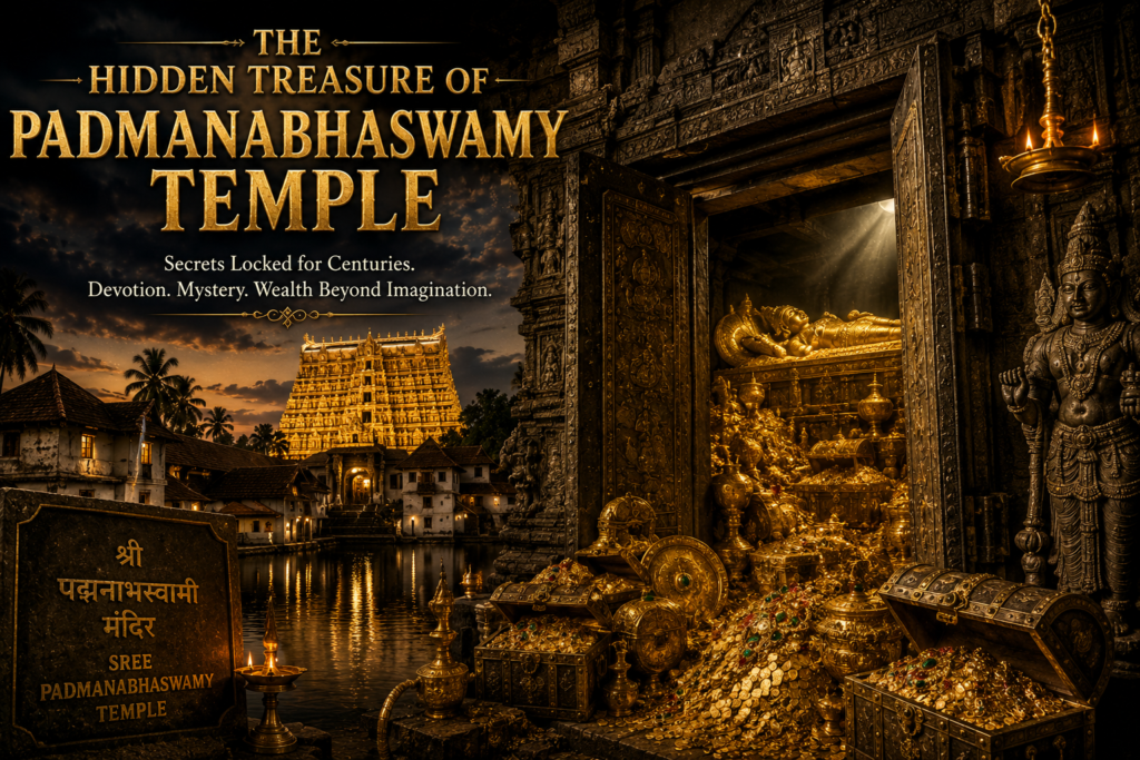 Hidden treasure vaults filled with gold, jewels, and ancient artifacts inside Padmanabhaswamy Temple.