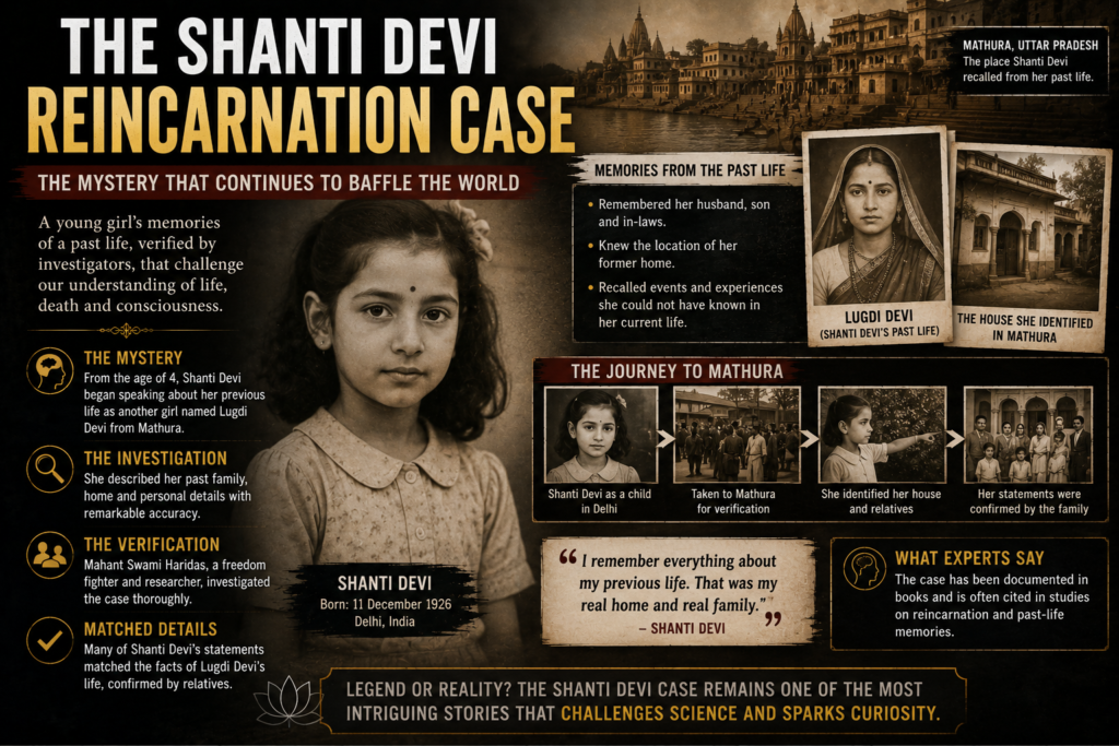 Shanti Devi reincarnation case depicting one of the most famous unexplained mysteries in India related to past-life memories.