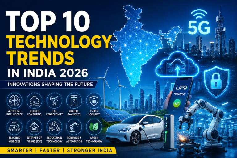 Top 10 Technology Trends in India 2026 featuring AI, 5G, cloud computing, digital payments, electric vehicles, cybersecurity, and robotics