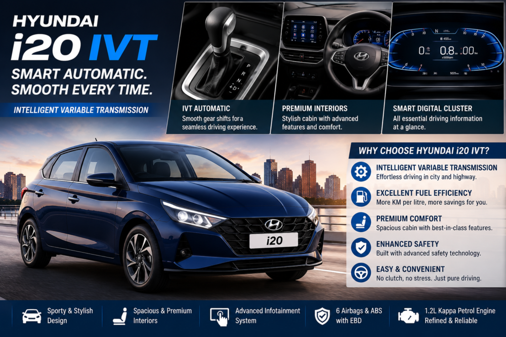 Hyundai i20 IVT automatic hatchback featuring intelligent variable transmission, premium interior, and advanced technology