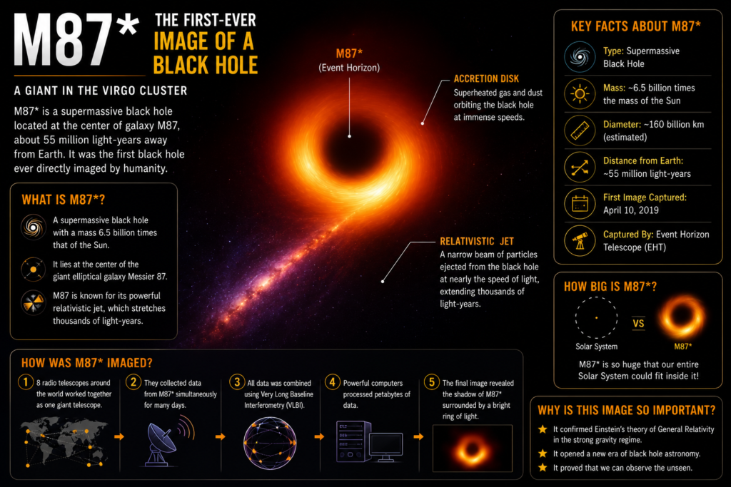 Infographic explaining M87*, the first black hole ever directly imaged by the Event Horizon Telescope.