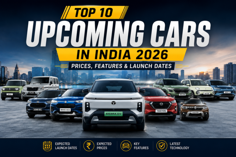 Top 10 Upcoming Cars in India 2026 featuring Tata Sierra EV, Renault Duster, Kia Seltos, Hyundai Inster, and other upcoming vehicles
