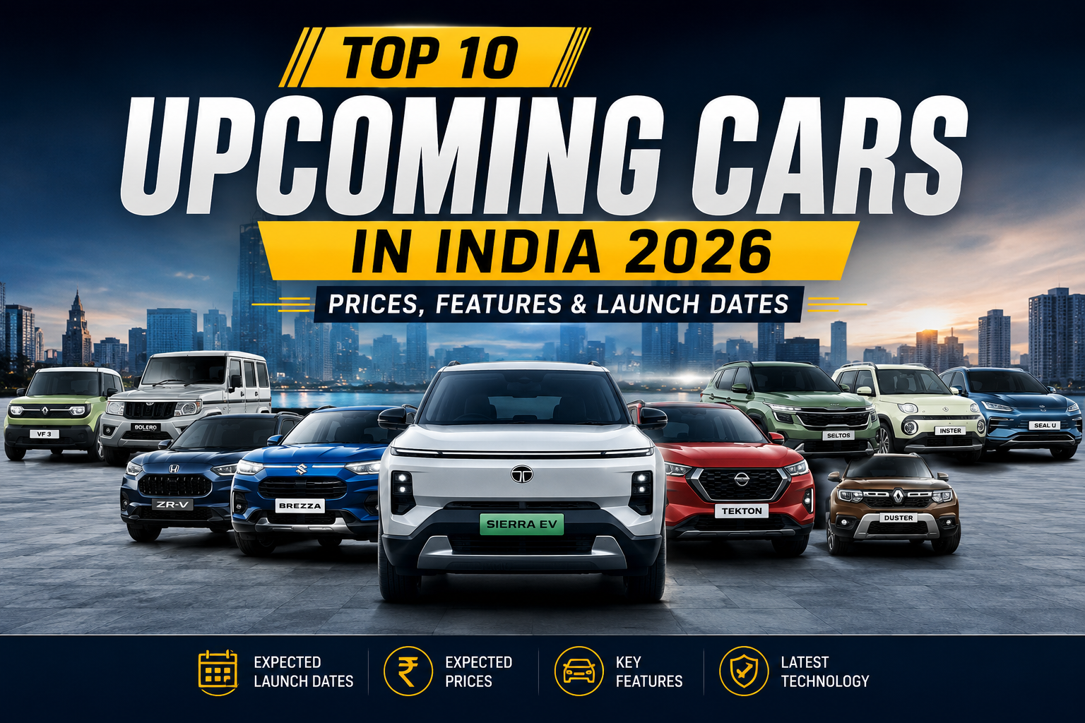 Top 10 Upcoming Cars in India 2026 featuring Tata Sierra EV, Renault Duster, Kia Seltos, Hyundai Inster, and other upcoming vehicles