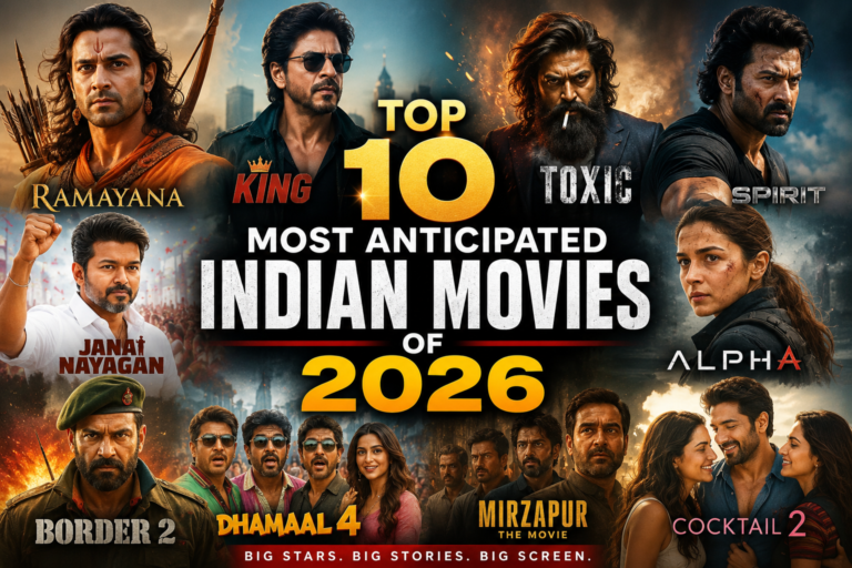 Top 10 Most Anticipated Indian Movies of 2026 featuring Ramayana, King, Toxic, Spirit, Alpha, Border 2, and other blockbuster films