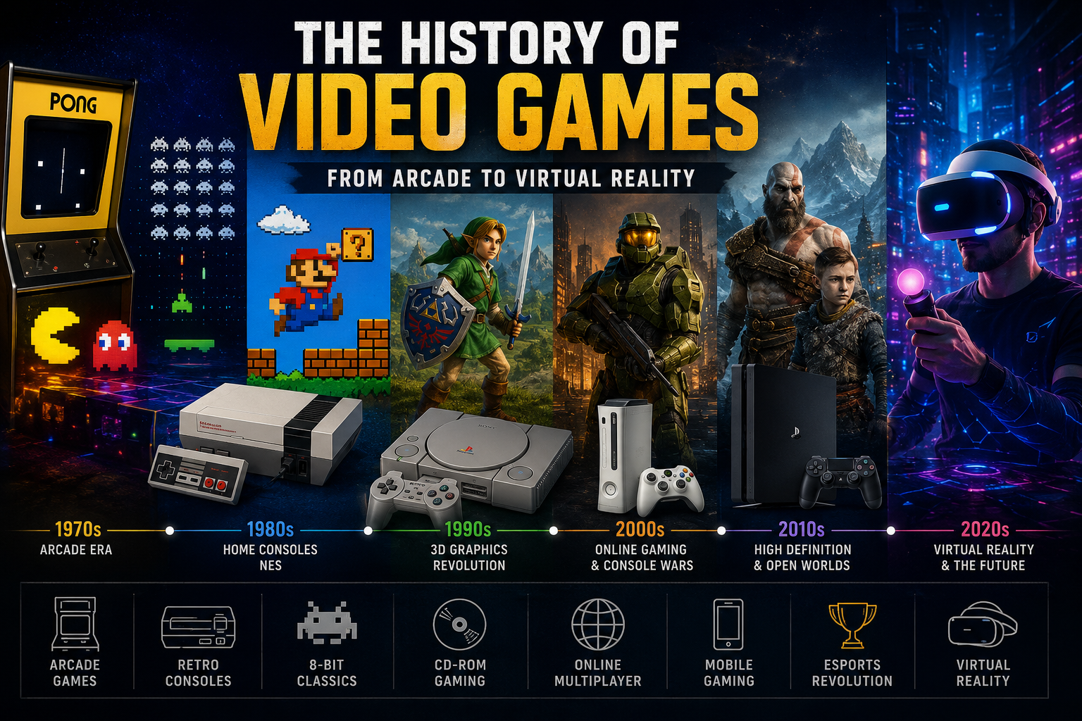 History of Video Games featured image showing the evolution of gaming from arcade machines and home consoles to PC gaming, PlayStation, Xbox, virtual reality, and the future of gaming.