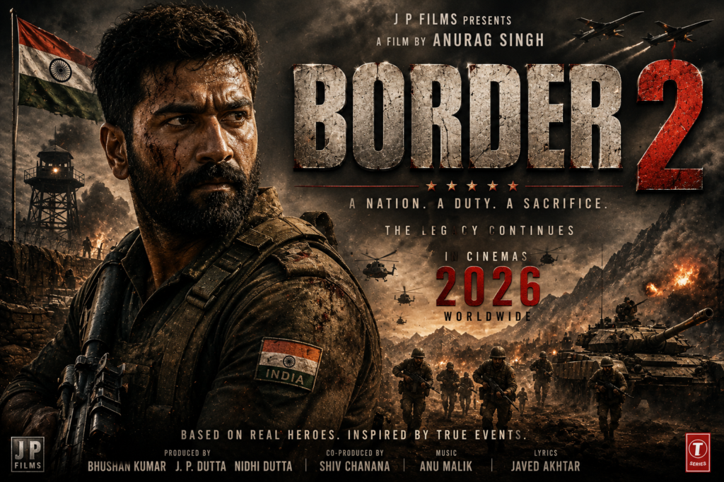 Border 2 2026 movie poster featuring Indian soldiers, battlefield action, tanks, helicopters, and patriotic war drama