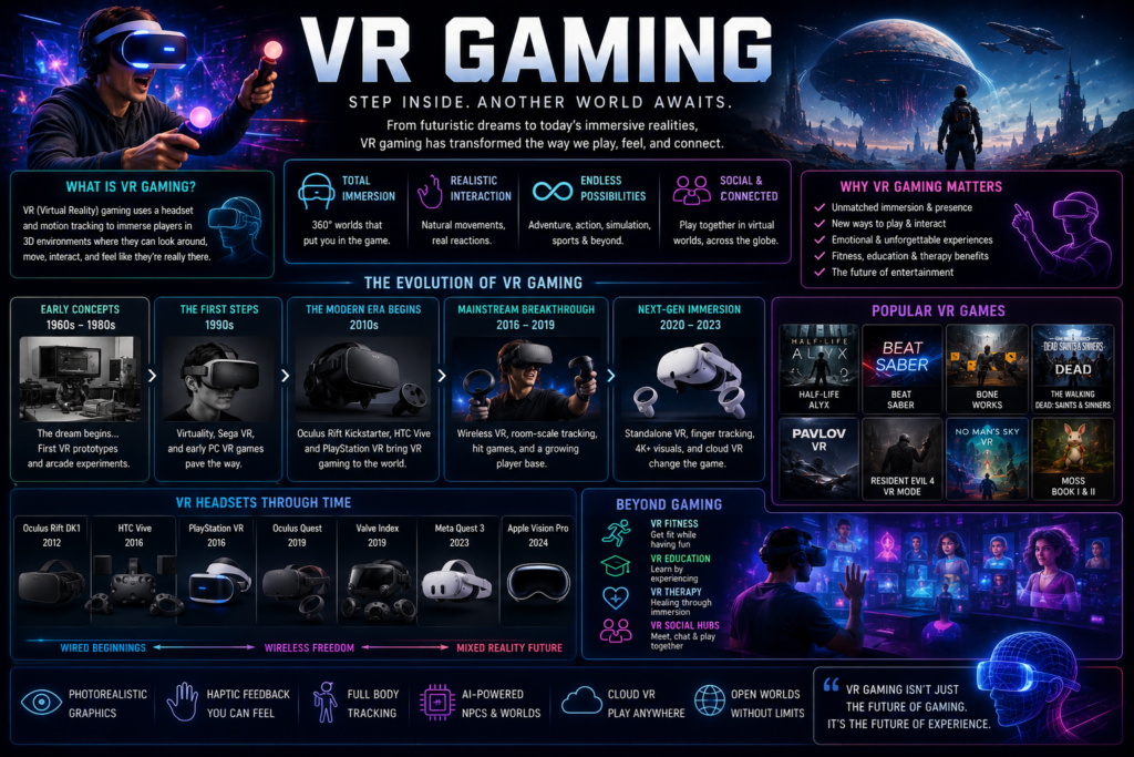 History of Video Games infographic exploring the evolution of virtual reality gaming and immersive technology.