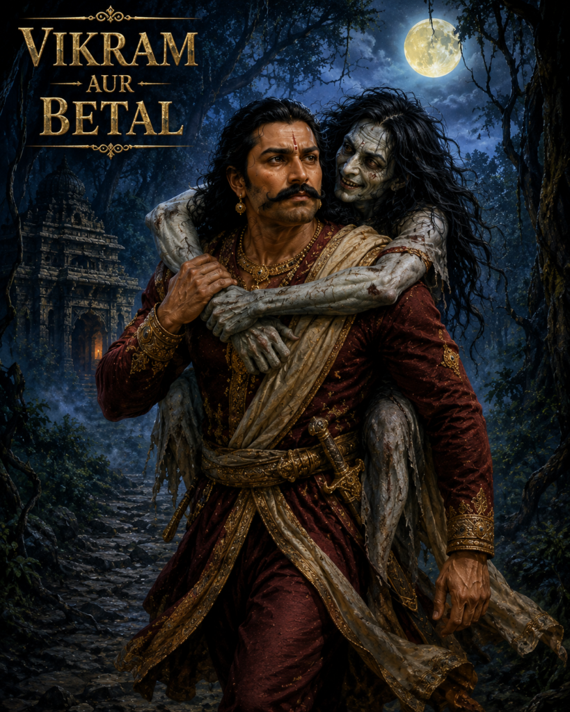 King Vikram carrying Betal through a dark moonlit forest in the famous Indian legend.
