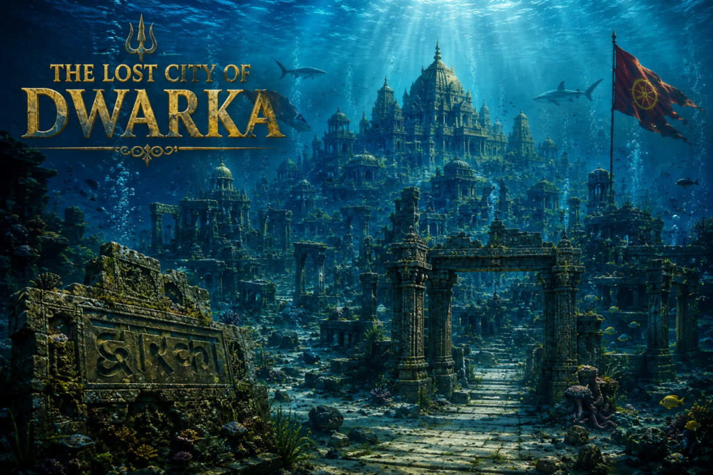 Ancient underwater ruins of the Lost City of Dwarka with temples and submerged structures beneath the Arabian Sea.
