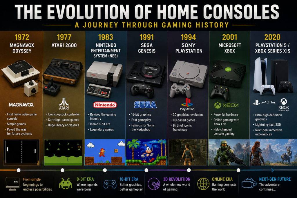 History of Video Games timeline showing the evolution of home consoles from Magnavox Odyssey to PlayStation 5 and Xbox Series X.