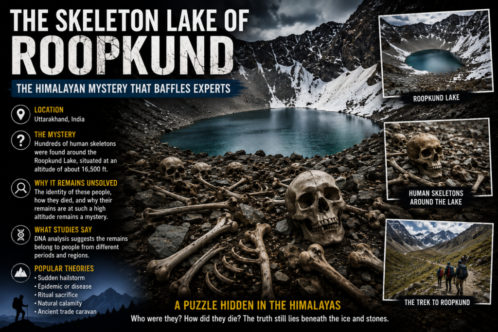 Roopkund Skeleton Lake in Uttarakhand with hundreds of ancient human skeletons, one of the most famous unsolved mysteries of India.