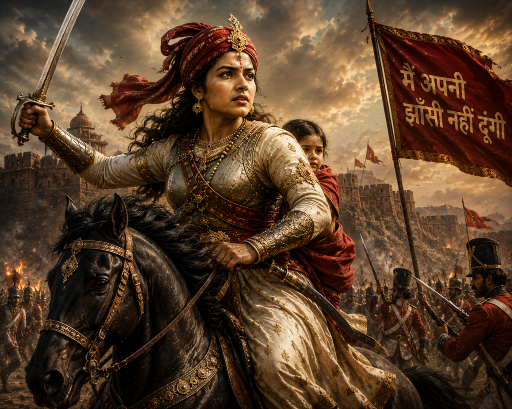 Rani Lakshmibai riding a horse into battle with a sword during the Indian Rebellion of 1857.